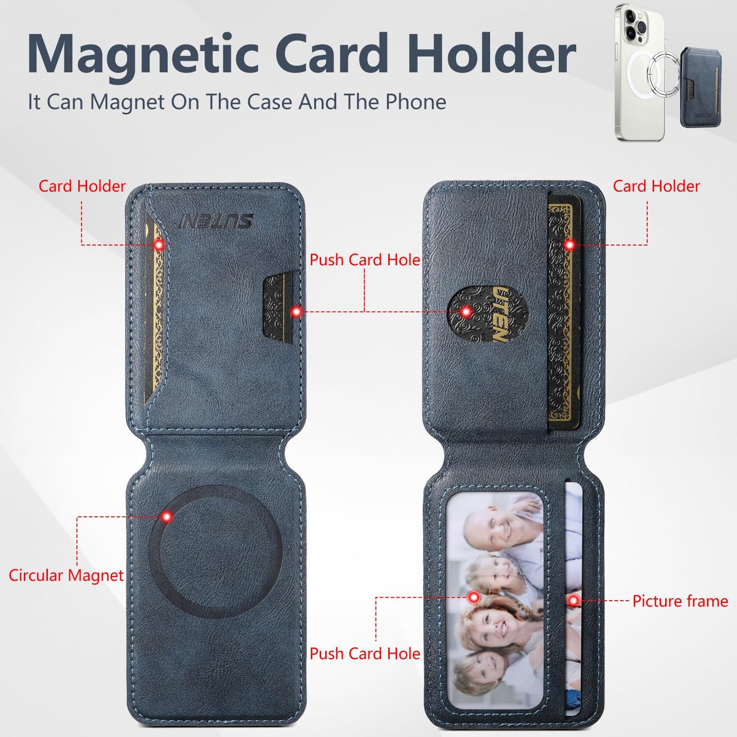 HXY Magnetic Card Holder Wallet for iPhone, Compatible with MagSafe, PU Leather Minimalist Slim Card Holders Fit 3 Cards with Adjustable Stand for iPhone 16/15/14/13/12 Series, Not for Mini (Blue)