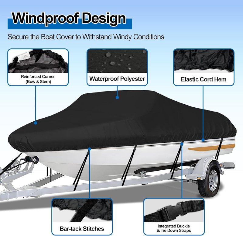 Trailerable Boat Cover - Heavy Duty Waterproof Tarp for V-Hull & Fishing Boats | Fits 14'-16' Length, 90" Width