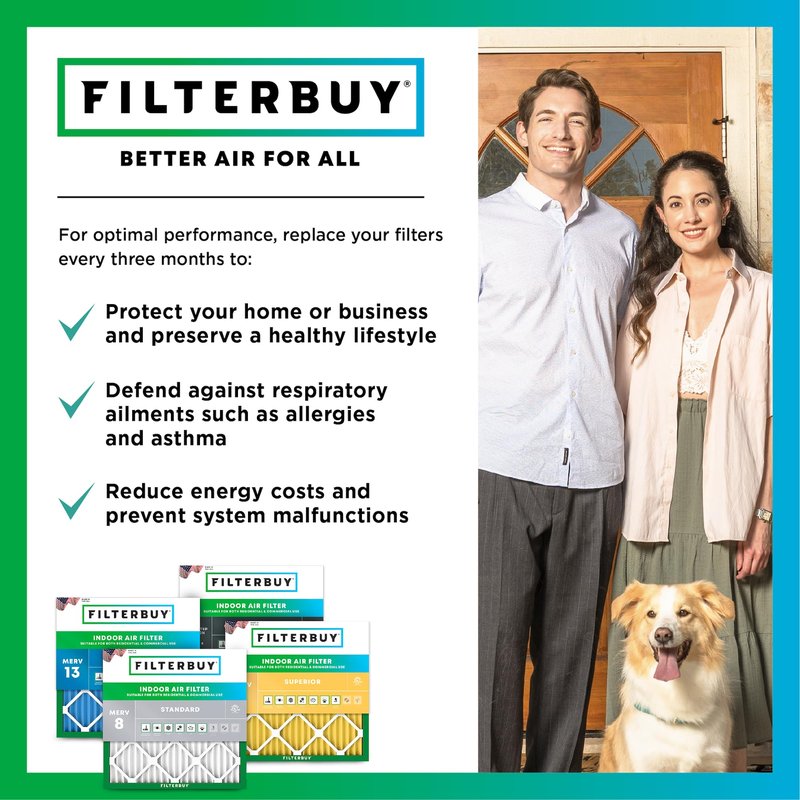 Filterbuy 10x10x1 Air Filter MERV 8 Essential Dust & Allergy Defense (6-Pack), Electrostatic Pleated HVAC AC Furnace Filters Replacement, Made in USA (Actual Size: 9.50 x 9.50 x 0.75)