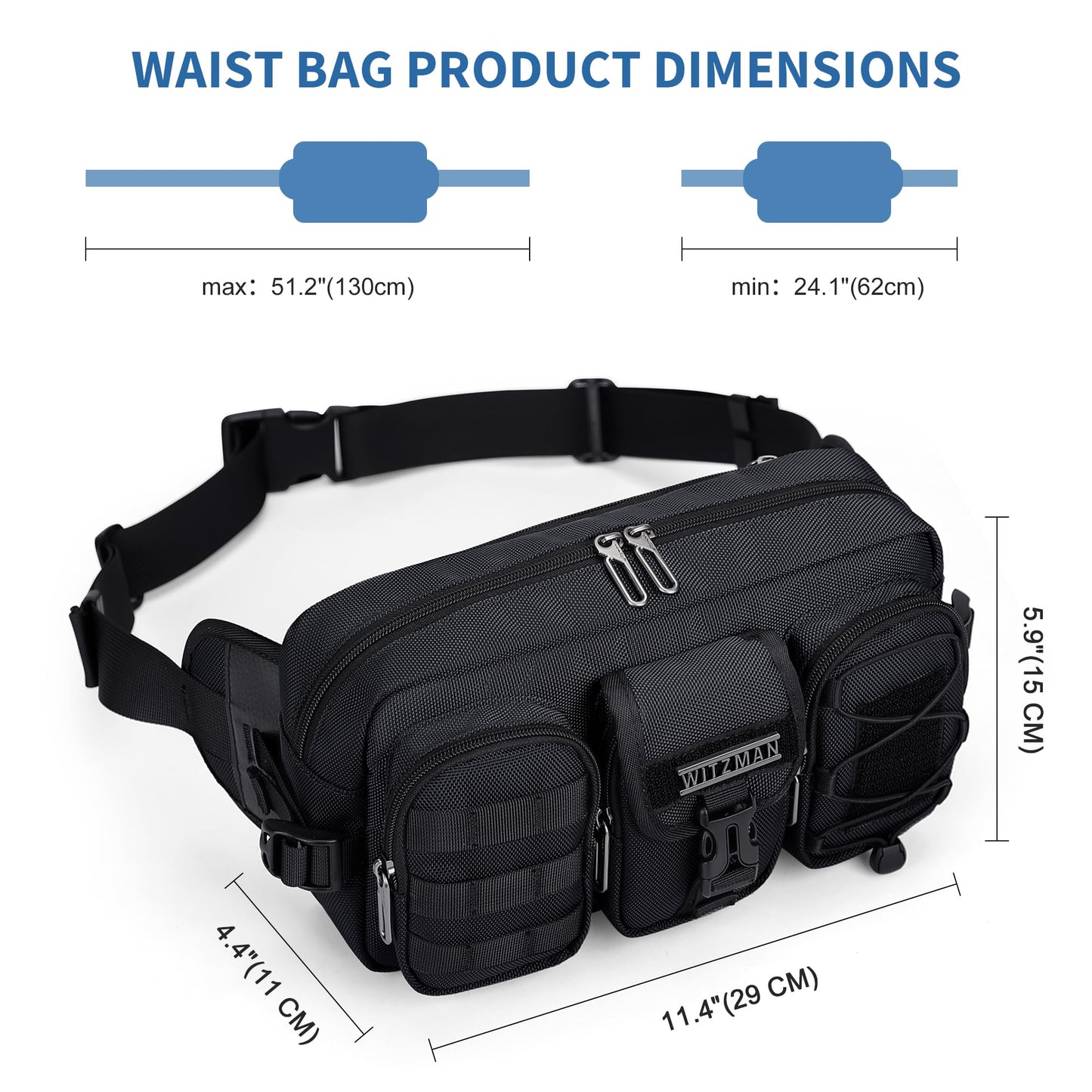 WITZMAN Fanny Pack for Men Fashion Waist Zipper Pack Bags Mens Belt Bag with Multi-pocket for Traveling Daily Walking（B733 Black）