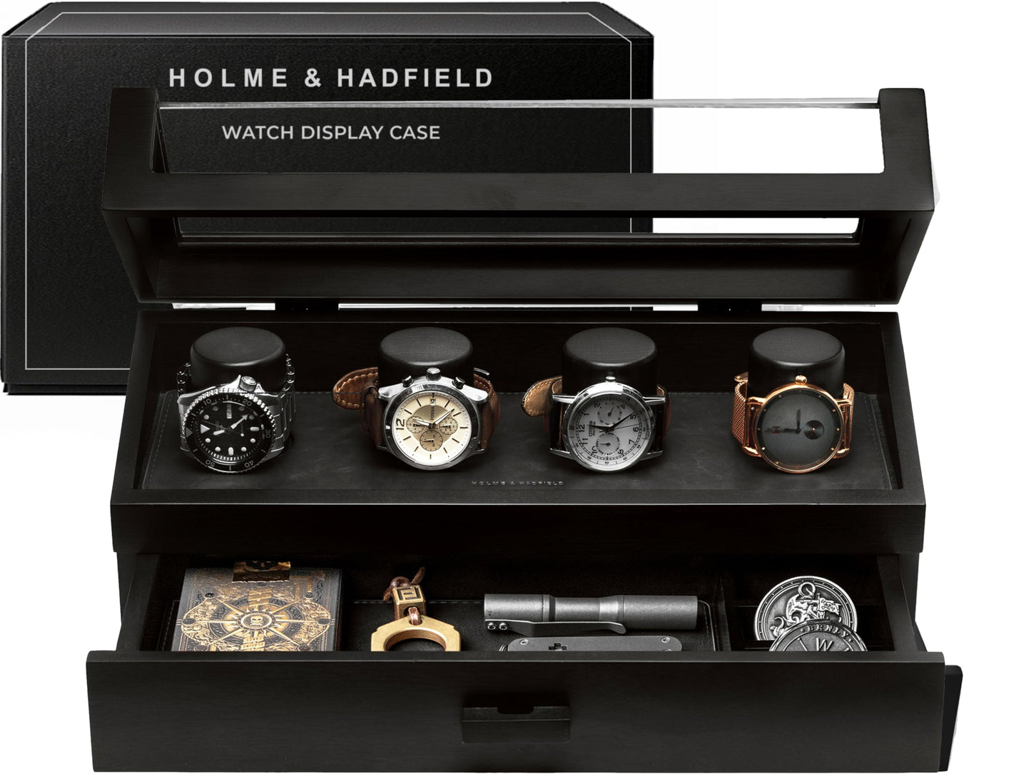 Premium 4 Slot Watch Box for Men (2026 Upgraded) – Wooden Watch Display Case with Hinged Wood Cover, Leather Lining & Drawer – Watch Organizer Stand – Handcrafted Luxury Father's Day Present for Men