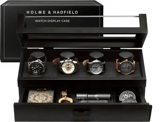 Premium 4 Slot Watch Box for Men (2026 Upgraded) – Wooden Watch Display Case with Hinged Wood Cover, Leather Lining & Drawer – Watch Organizer Stand – Handcrafted Luxury Father's Day Present for Men