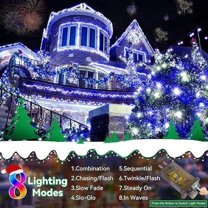 Heceltt Christmas Lights Outdoor, 125FT 350 LED String Lights 8 Modes and Timer Memory Function Twinkle Fairy Lights Waterproof Plug in for Xmas Tree Wedding Party Holiday Decor(Blue and White)