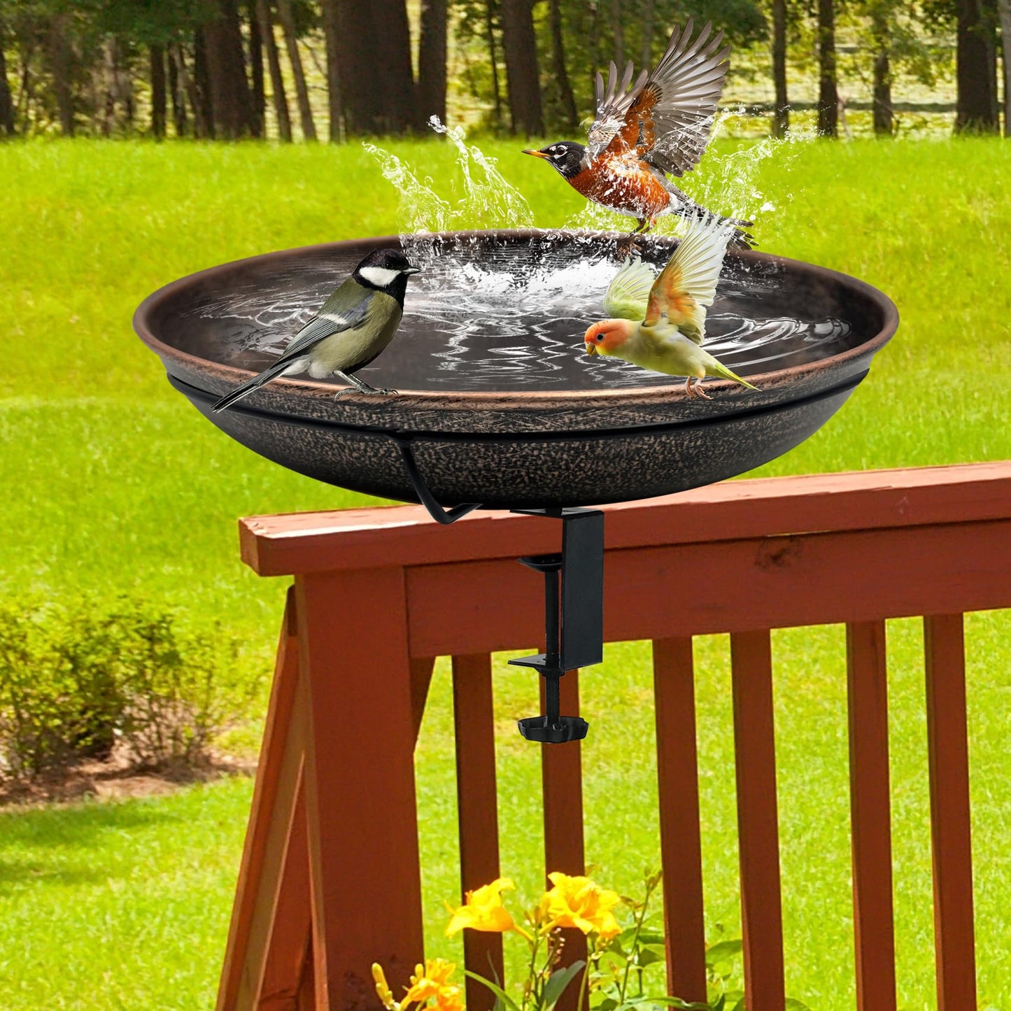 OUISJYER Deck Mounted Bird Bath, Easy to Clean12 Detachable Bath Bowl, Metal Birdbath for Outside with Sturdy Adjustable Clamp for Railing Balcony Fence Outdoor Decor 0.7 Gallon
