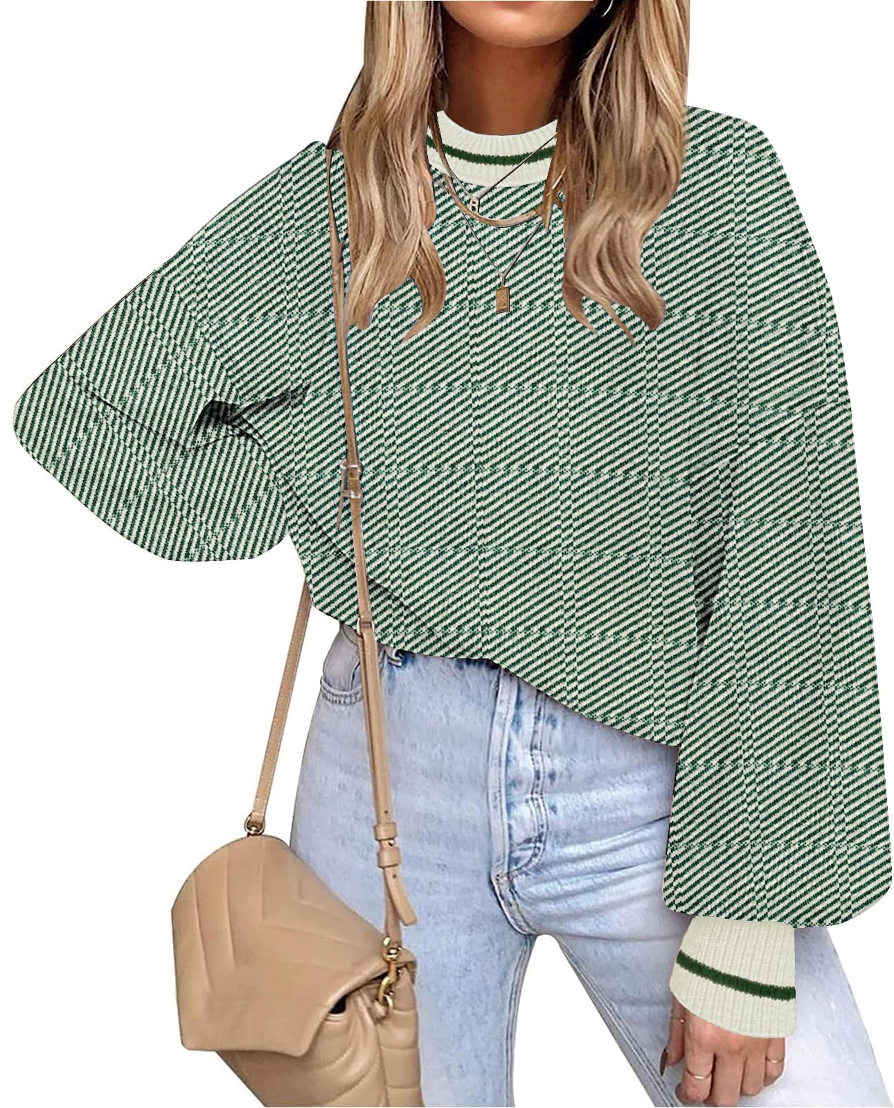 ETCYY Womens Oversized Sweaters Fall 2025 Fashion Clothes Trendy Batwing Sleeve Colorblock Striped Knit Pullover Tops