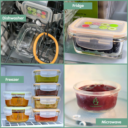 Sage Spoonfuls Glass Baby Food Containers with Lids - 6 Pack, 4 oz & 7oz Baby Food Jars, Durable, Leakproof, Airtight, Freezer Storage, Reusable Glass Baby Food Containers, Microwave & Dishwasher Safe