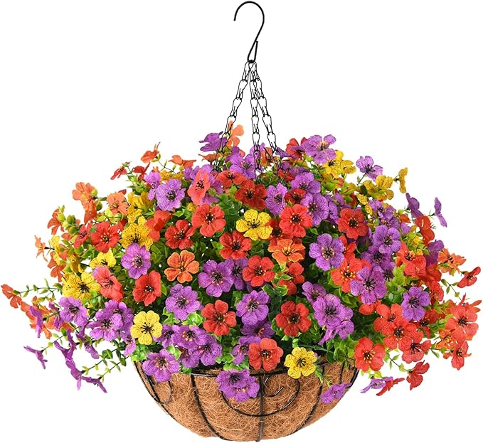 Artificial Faux Hanging Plants Flowers Basket for Spring Summer Outdoor Decoration, Fake Silk Daisy in Planter Realistic UV Resistant Look Real for Porch Home Patio Balcony Yard(Multicolor)