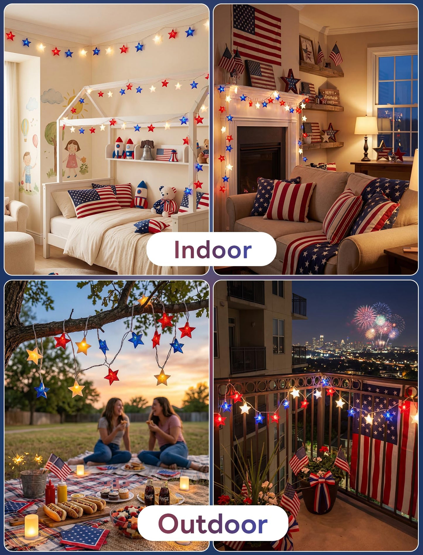 Romasaty 12FT Red White Blue Star String Lights, 4th of July Decorations Lights with 20 LED Star Lights, Plug in Patriotic Lights for Indoor Outdoor Independence Day Memorial Party Home Patio Decor