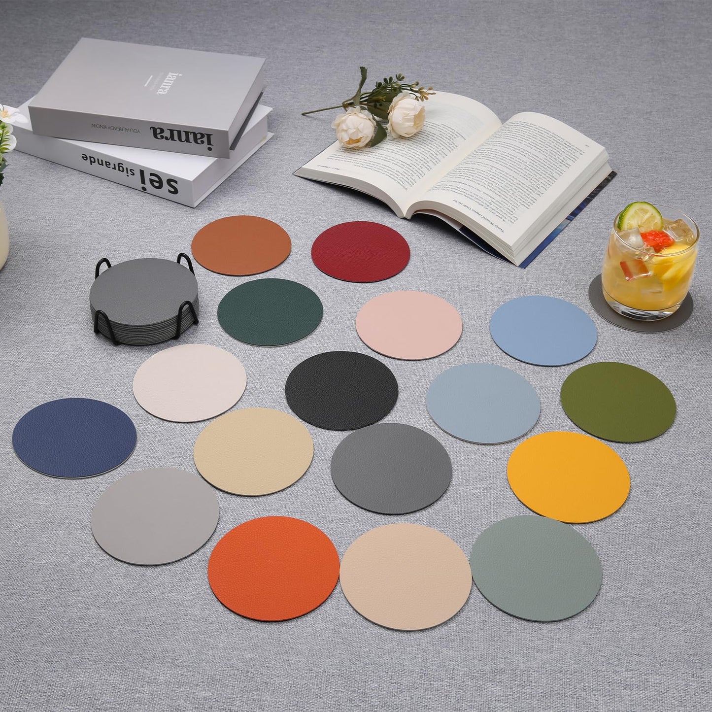 Chitomars Faux Leather Coasters Set of 12, Dual Sided for Coffee Tabletop Protection, Non-Slip Washable Cup Coasters (Beige Yellow Light Blue)