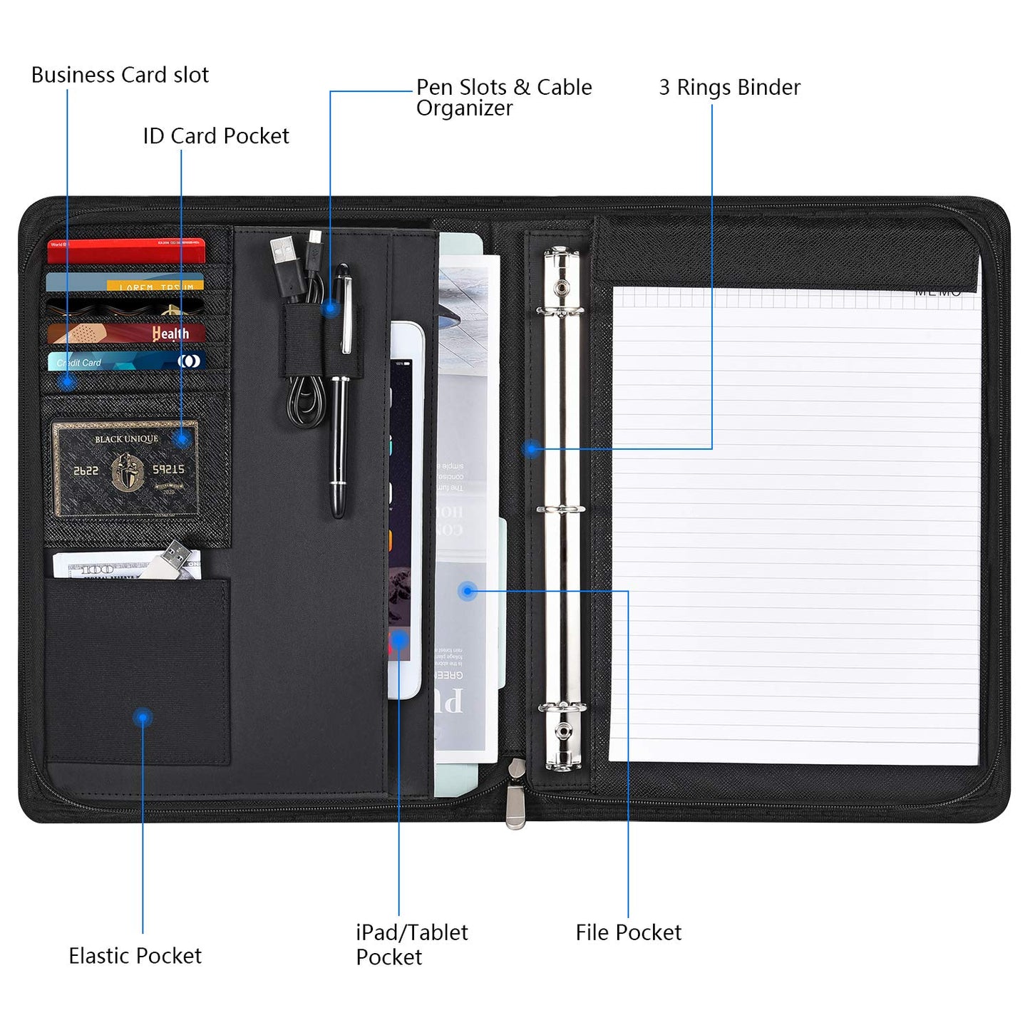 Portfolio Binder, Pacific Mailer 3 Ring Binder Portfolio Organizer with Leather Folder Writing Pad Zipper Business Notebook Binders Tablets Notepads Resumes Documents Holder for Men Women