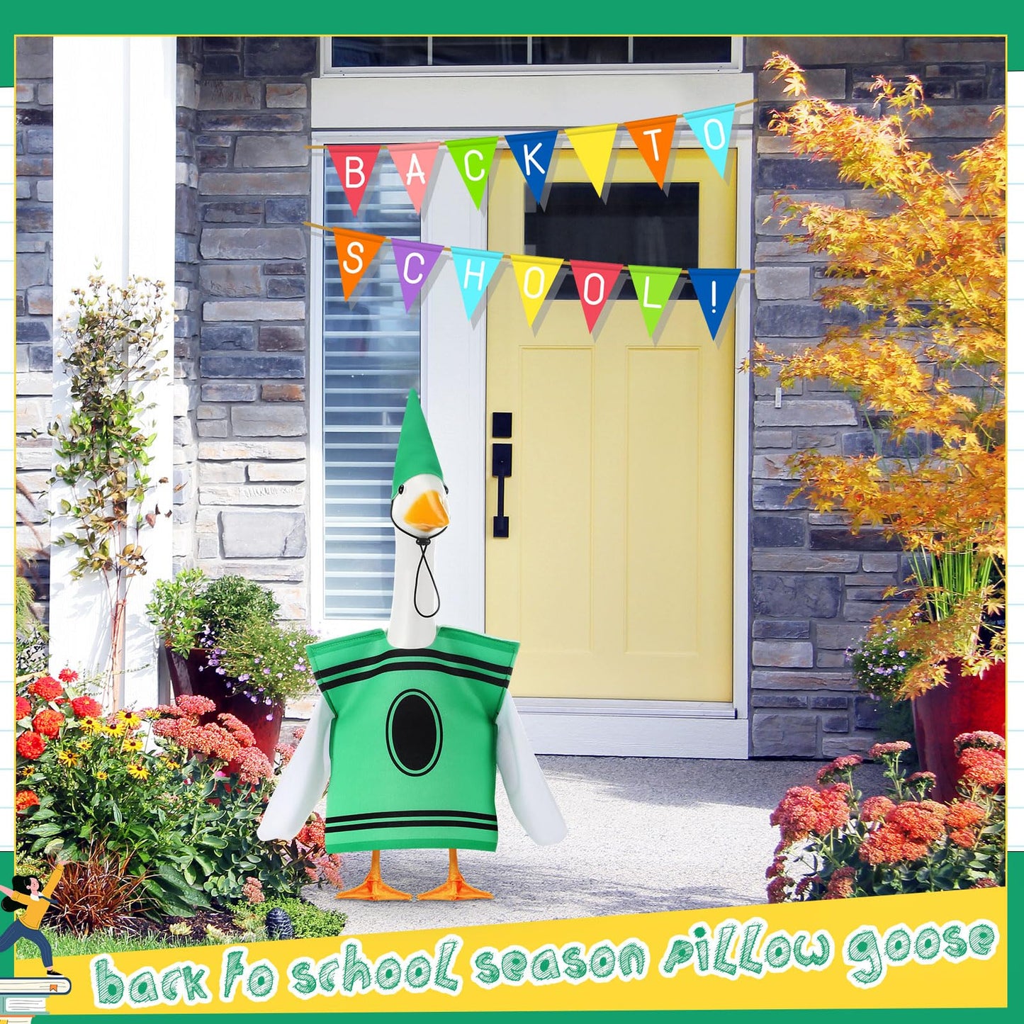 Geyoga Back to School Porch Goose Outfit 23" Classroom Goose Clothes Lawn School Garden Patio Yard Outdoor Decorations(Green,Crayon)