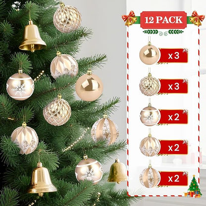 EveryMerry 24-Pack 3.1 Inch Christmas Ornaments Set - Champagne White Ornament Balls with 5 Various Designs with Strings, Sturdy, Kraft Box with Lid for Xmas Tree, Holiday Party & Home Decor