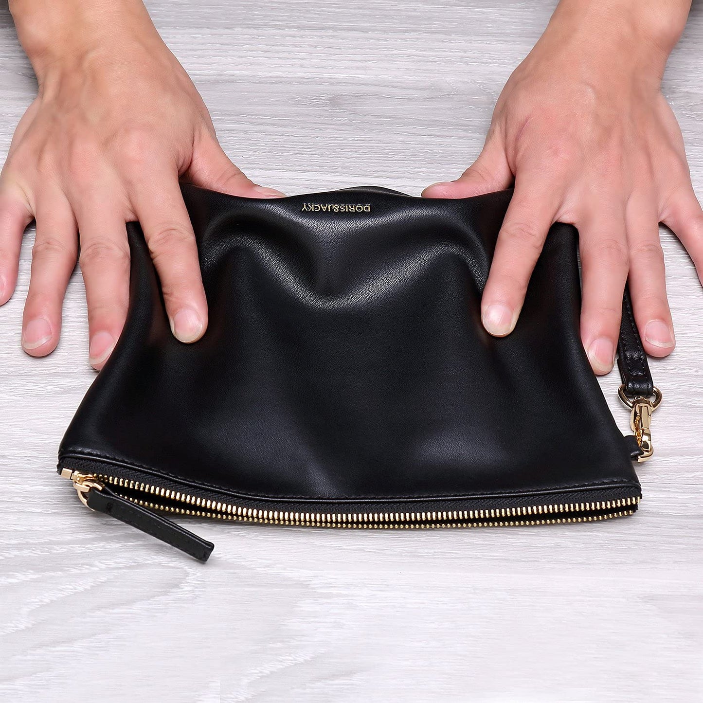 DORIS&JACKY Lambskin Leather Wristlet Clutch Purse For Women Large Soft Designer Wallet With Strap… (Lambskin-black, black)