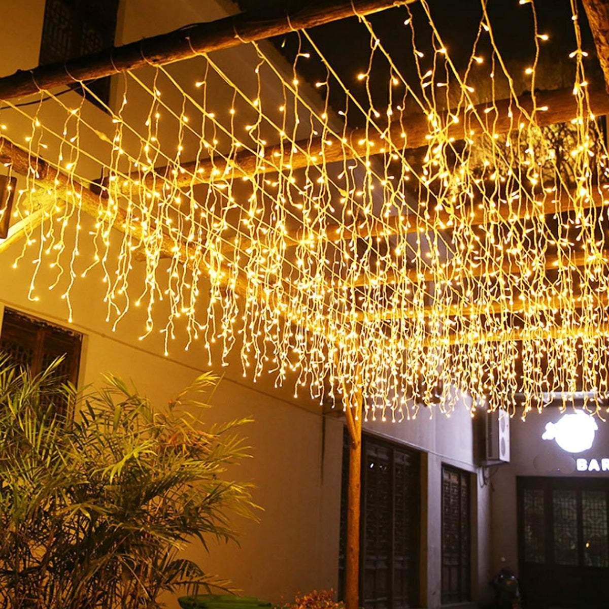 JAMISAY LED Icicle Lights, 8 Modes 16.4FT 112 LEDs Christmas Short Curtain Fairy Hanging Ceiling Extendable Lights for Wedding Balcony Doorway Outdoor Indoor Decoration Warm White, 5M04