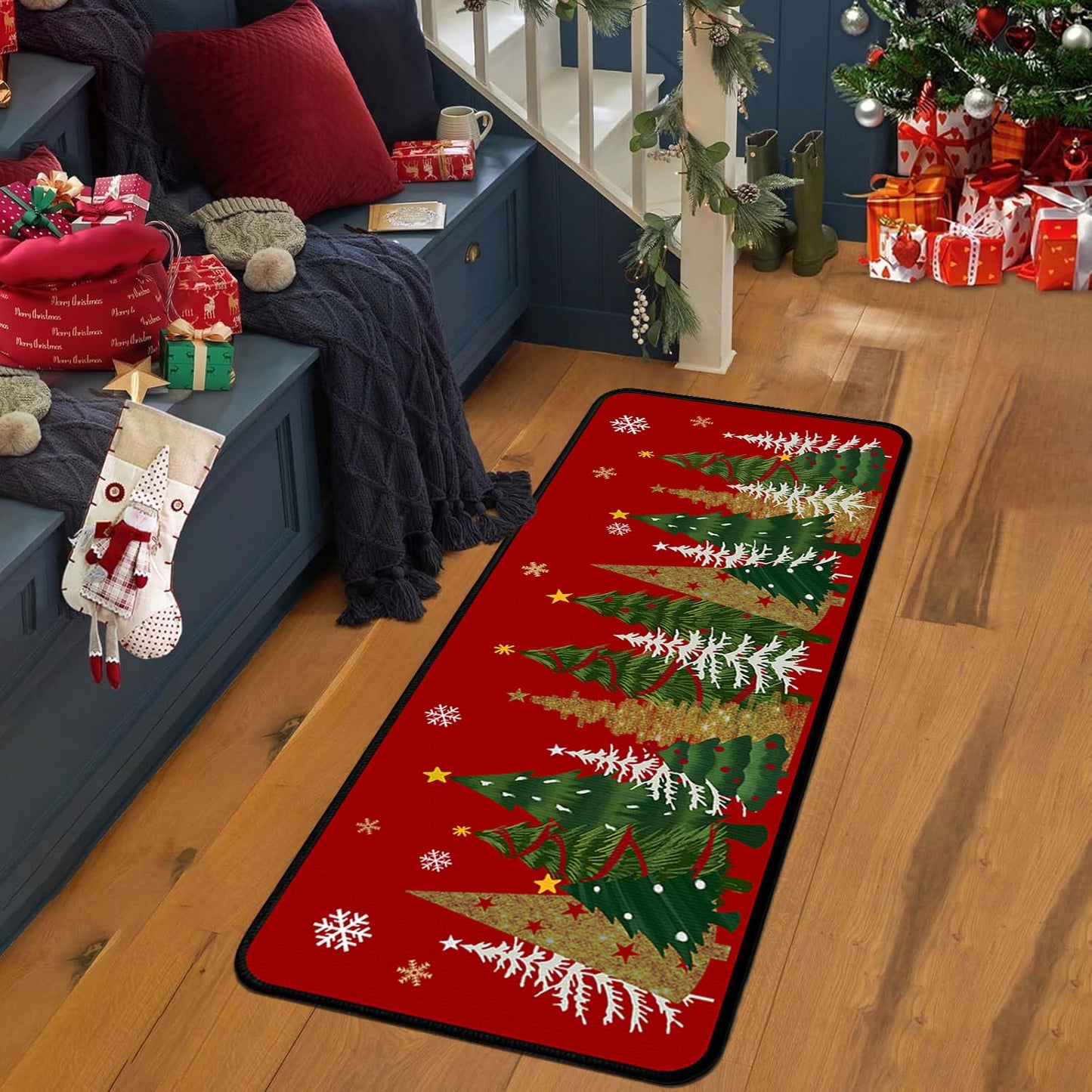 Lingcetger Christmas Kitchen Mats for Floor,Xmas Tree Kitchen Rugs Sets of 2,Red Christmas Non-Slip Kitchen Decor Floor Rug Home Decoration Doormat