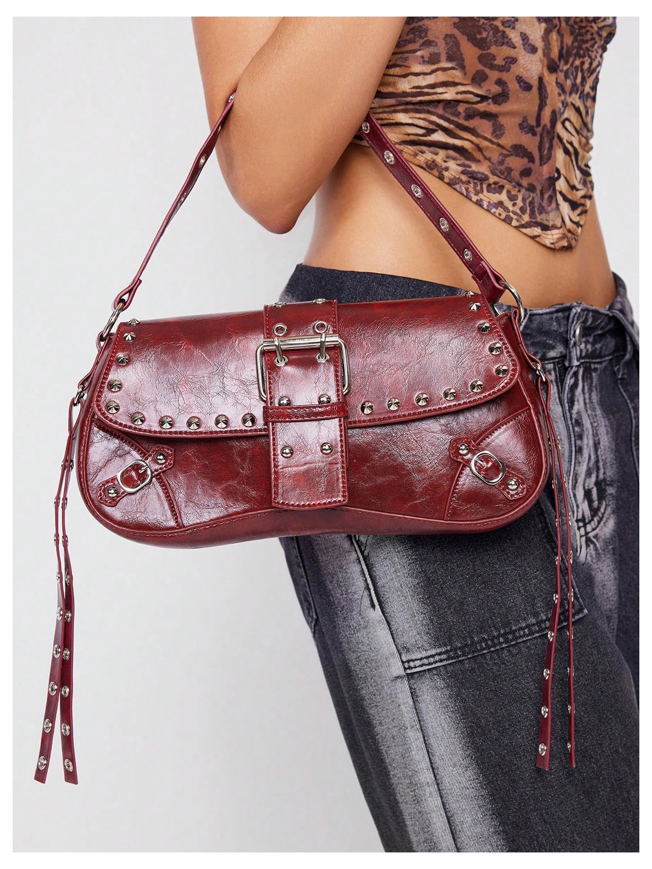 MakeMeChic Women's Shoulder Bags Y2K PU Leather Clutch Small Purse Bags Burgundy One Size