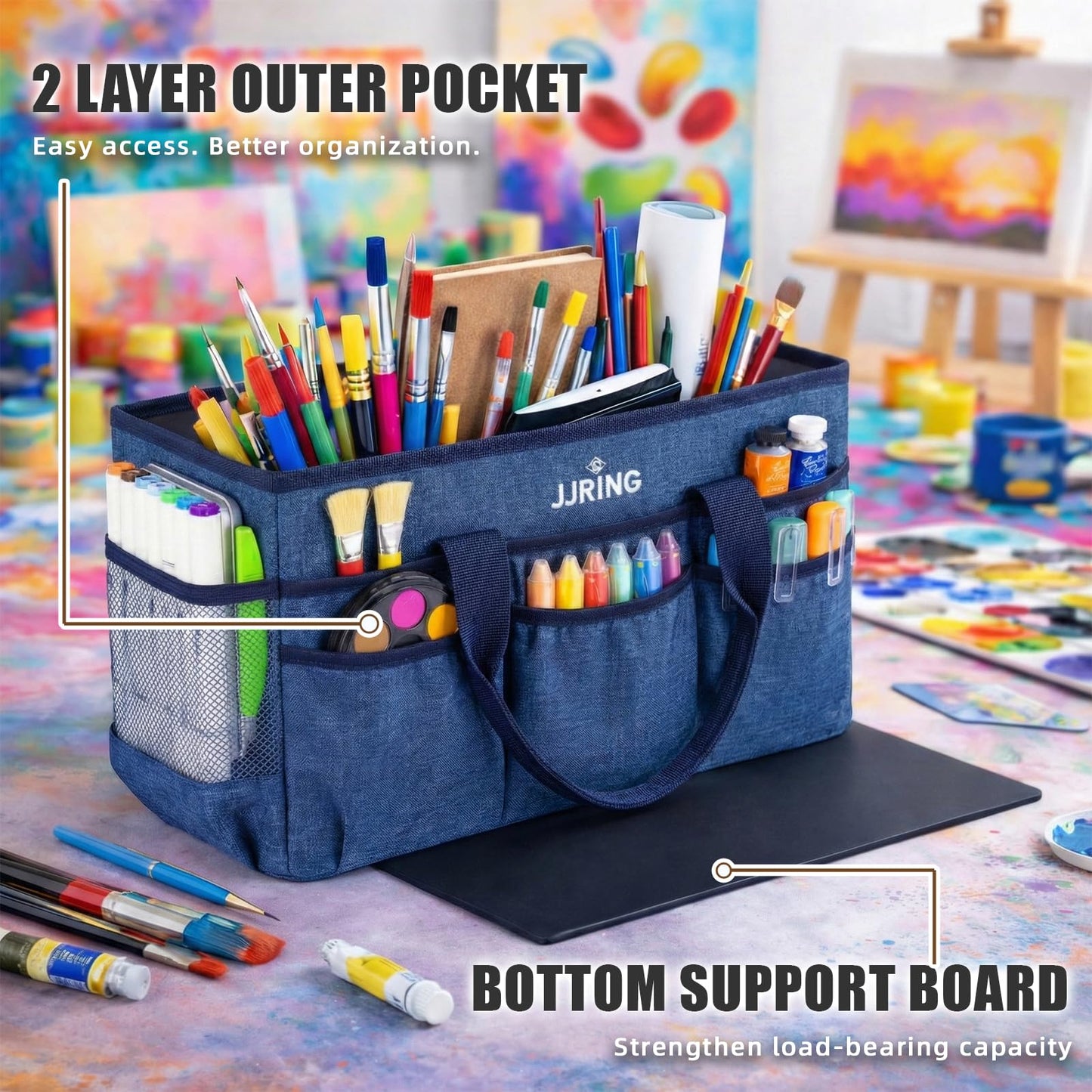 JJRING Large Art Supply Storage Tote Bag With 2 Mesh Side Pockets & Front Elastic Pockets – Sturdy Craft Organizer Caddy with Reinforced Bottom For Sewing, Scrapbooking, Teachers & Artists(Blue)