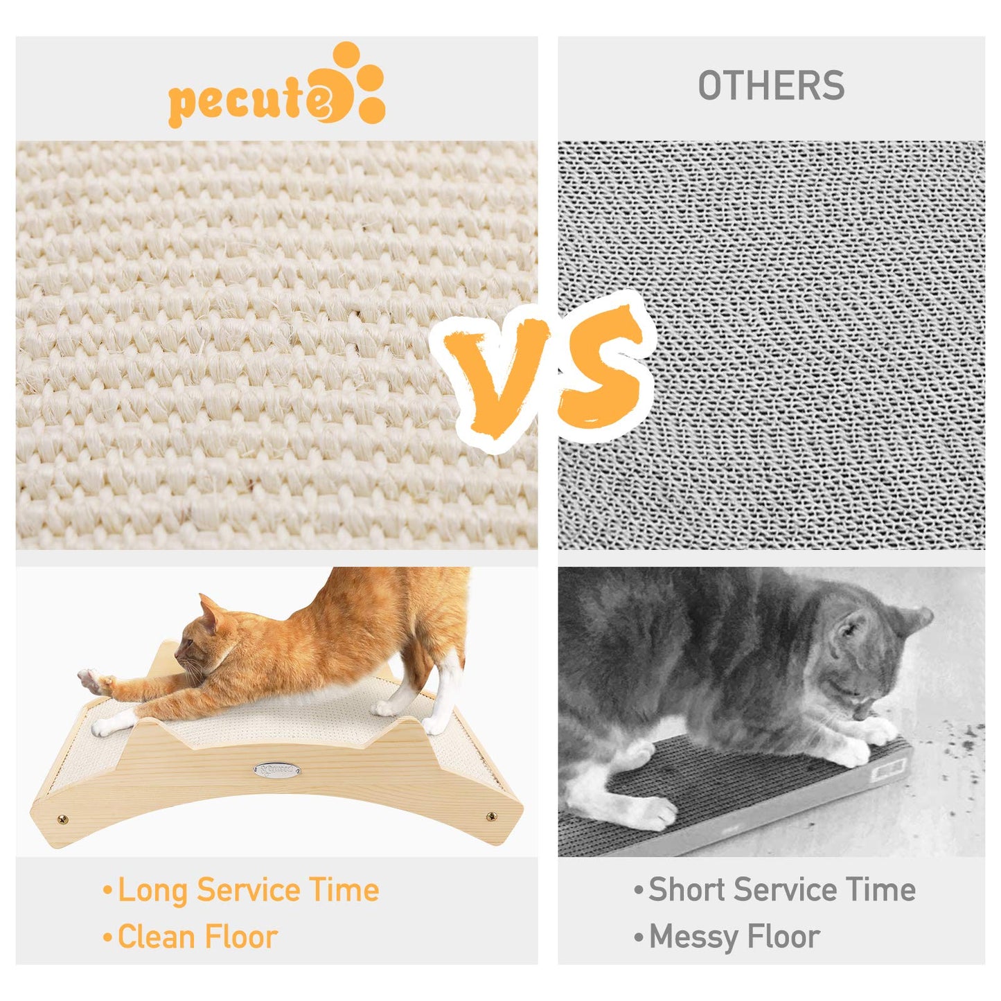 Double-Sided Cat Scratcher With Natural Sisal + Carpet Cloth, Durable Solid Wooden Structure Scratch Pad for Indoor Cats, Scratcher Lounge, 16.5 x 10.8in