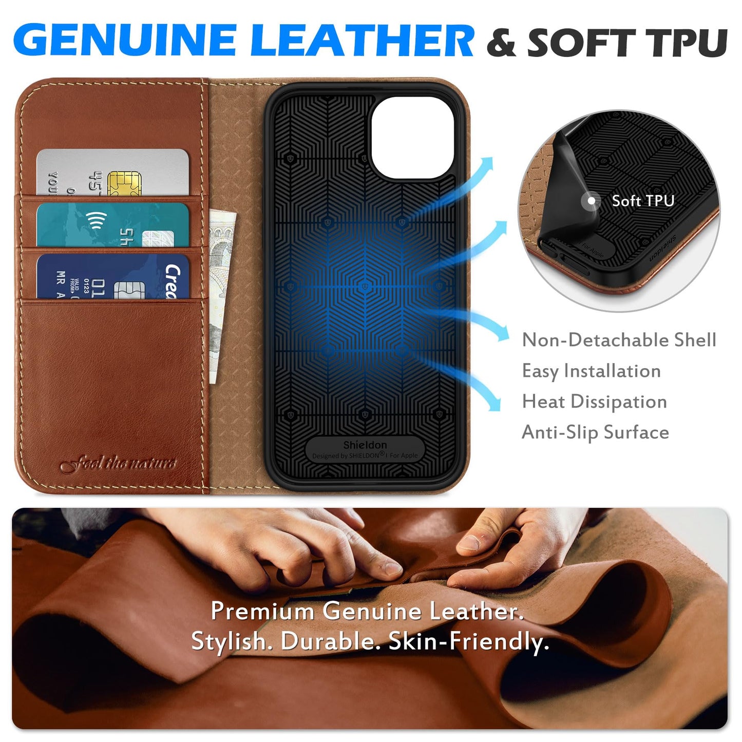 SHIELDON Case for iPhone 15 Plus 5G, Genuine Leather Wallet Magnetic Cover Kickstand RFID Blocking Credit Card Holder Shockproof Case Compatible with iPhone 15 Plus 6.7" 2023 - Retro Brown