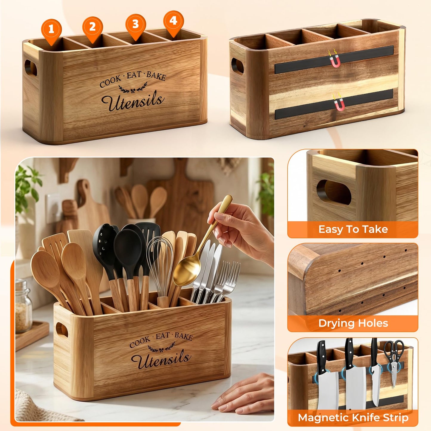 Eclove Acacia Wood Utensil Holder for Kitchen Countertop, Extra Large Wooden Utensil Organizer with Magnetic Knife Strip, 4 Compartment Farmhouse Kitchen Tool Caddy and Silverware Storage