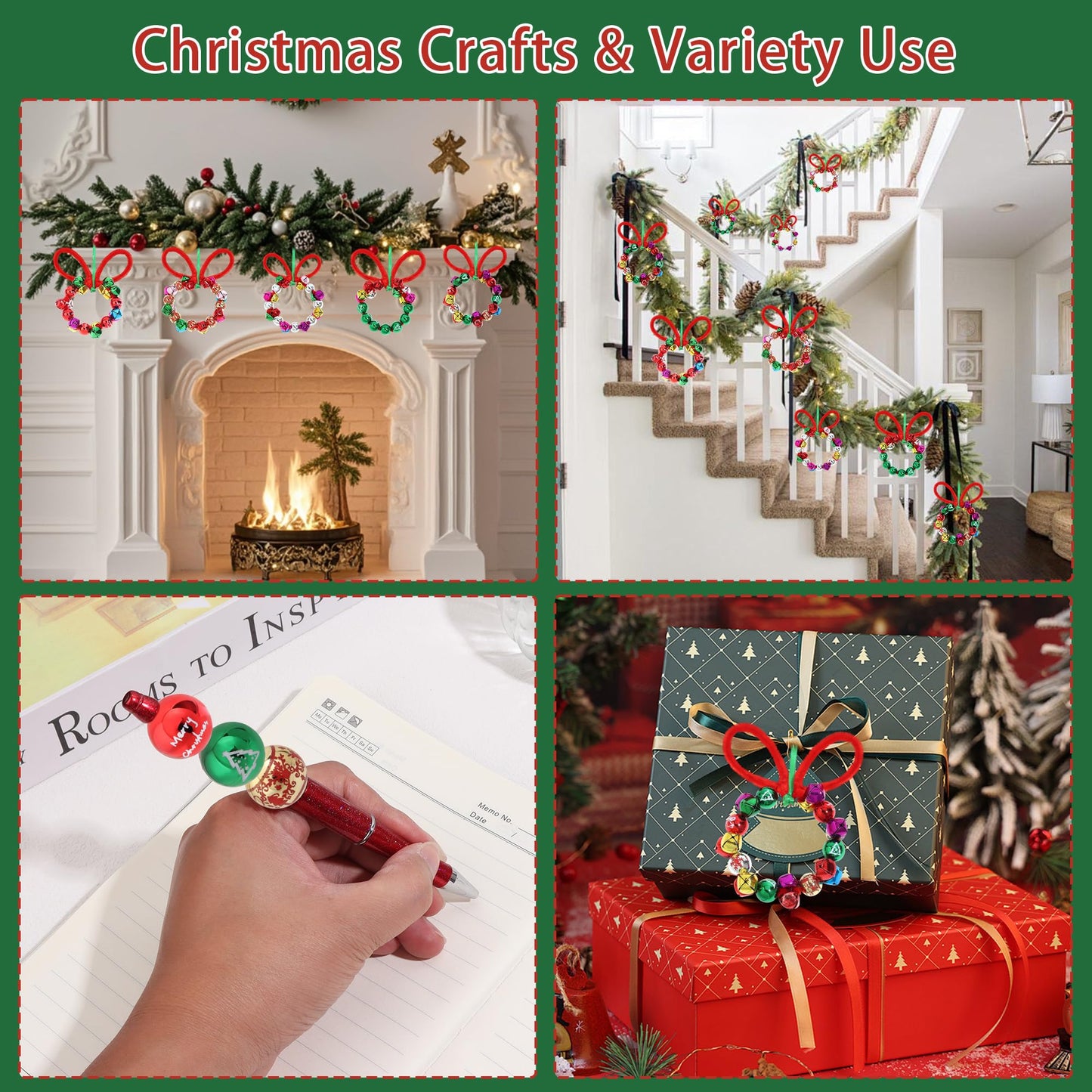 Christmas Crafts, Christmas Beads and Jingle Bells Set, DIY X-mas Ornament Kit Including 20 pcs Mixed X-mas Beads and 40 pcs Bells, DIY Ornaments for Kids, Holiday Party Christmas Tree Decoration