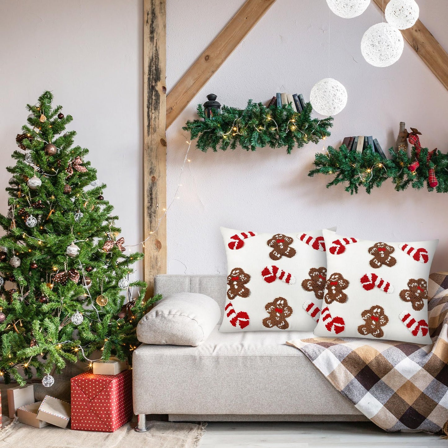 Mixweer 2 Pcs Tufted Christmas Throw Pillow Cover 18 x 18 Inch Gingerbread Pillow Covers 3D Candy Xmas Pillows Case Decorative Soft Cushion Cover for Sofa Couch Bed Room