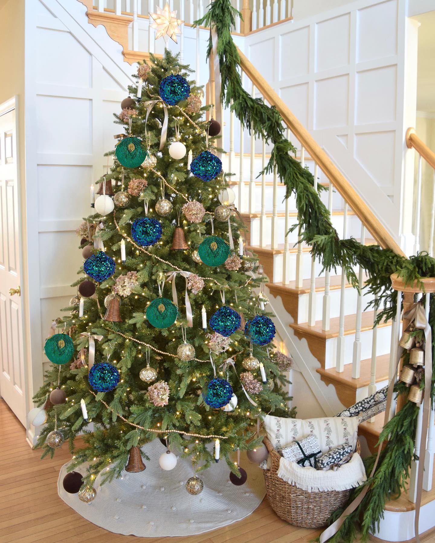 Briful 3.93'' Christmas Ball Ornaments Xmas Tree Decorations, Elegant Peacock Blue Christmas Ornaments for Home Decor Indoor Garland Holidays – Set of 3 Unique Designs