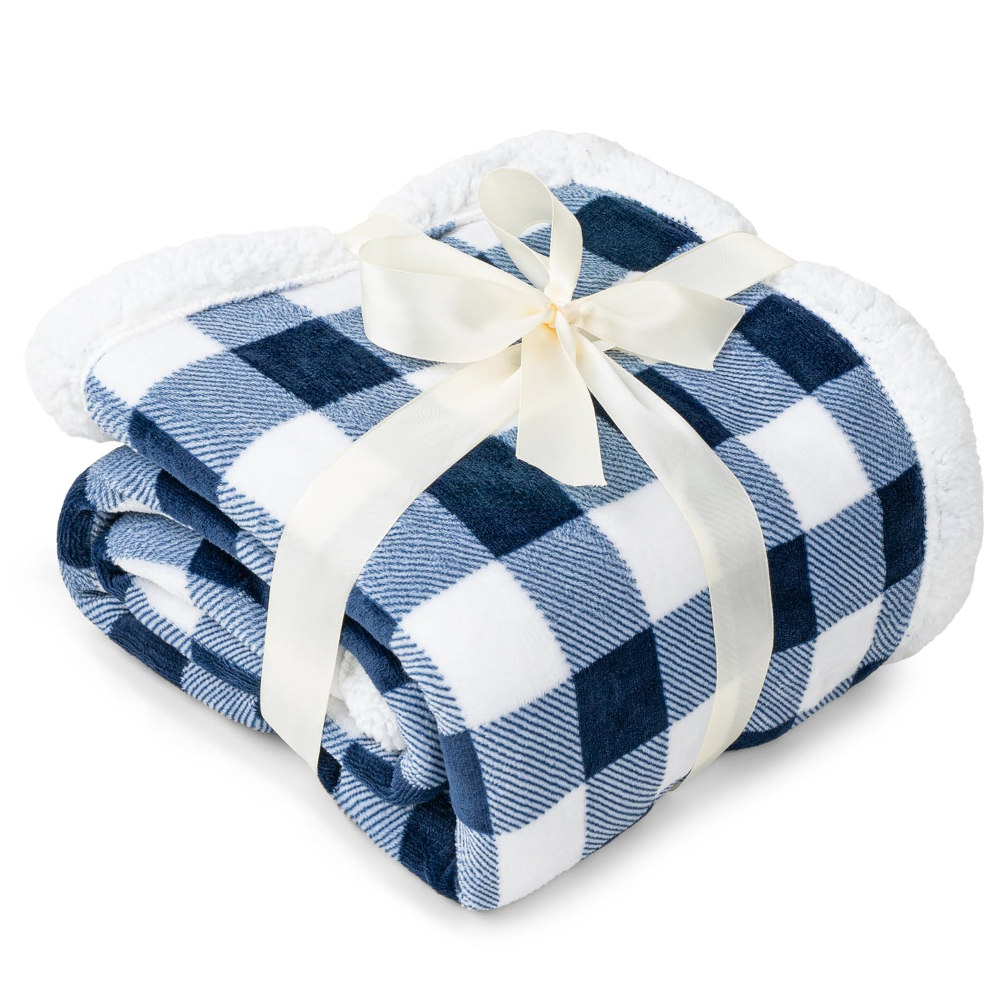 PAVILIA Navy Blue and White Buffalo Plaid Sherpa Throw Blanket for Couch, Plush Checkered Fleece Blanket and Throws, Soft Fuzzy Flannel Blanket for Sofa Bed, Warm Cozy Winter Blanket Gift, 50x60