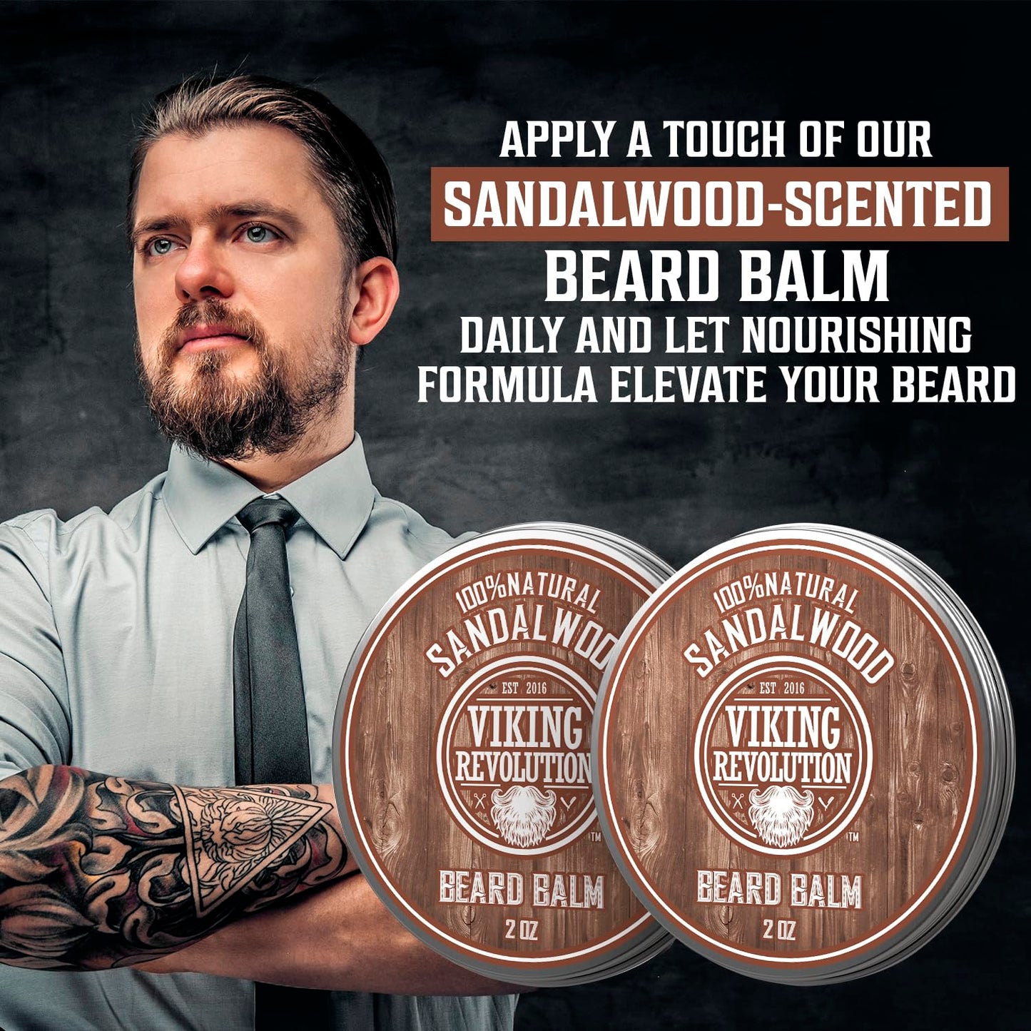 Viking Revolution Sandalwood Beard Balm for Men (2oz) and Sandalwood Beard Oil (1 fl oz) Bundle - With Argan and Jojoba Oils - Soften and Moisturize - Stocking Stuffers for Men