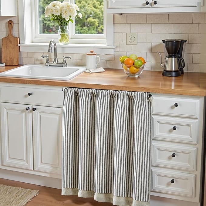 jinchan Double Layer Striped Linen Kitchen Tier Curtain Rustic Cafe for Living Room Bathroom Half Window Curtain Light Filtering Rod Pocket 1 Panel 36 Inch Charcoal Grey