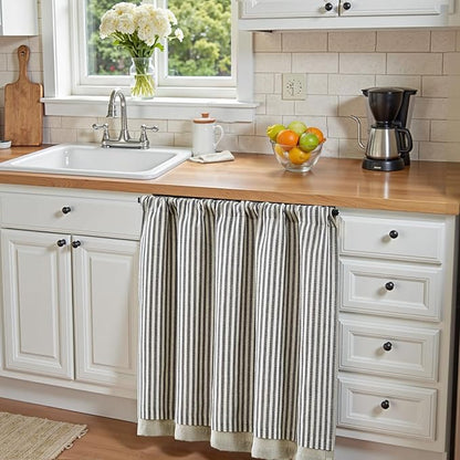 jinchan Double Layer Striped Linen Kitchen Tier Curtain Rustic Cafe for Living Room Bathroom Half Window Curtain Light Filtering Rod Pocket 1 Panel 36 Inch Charcoal Grey
