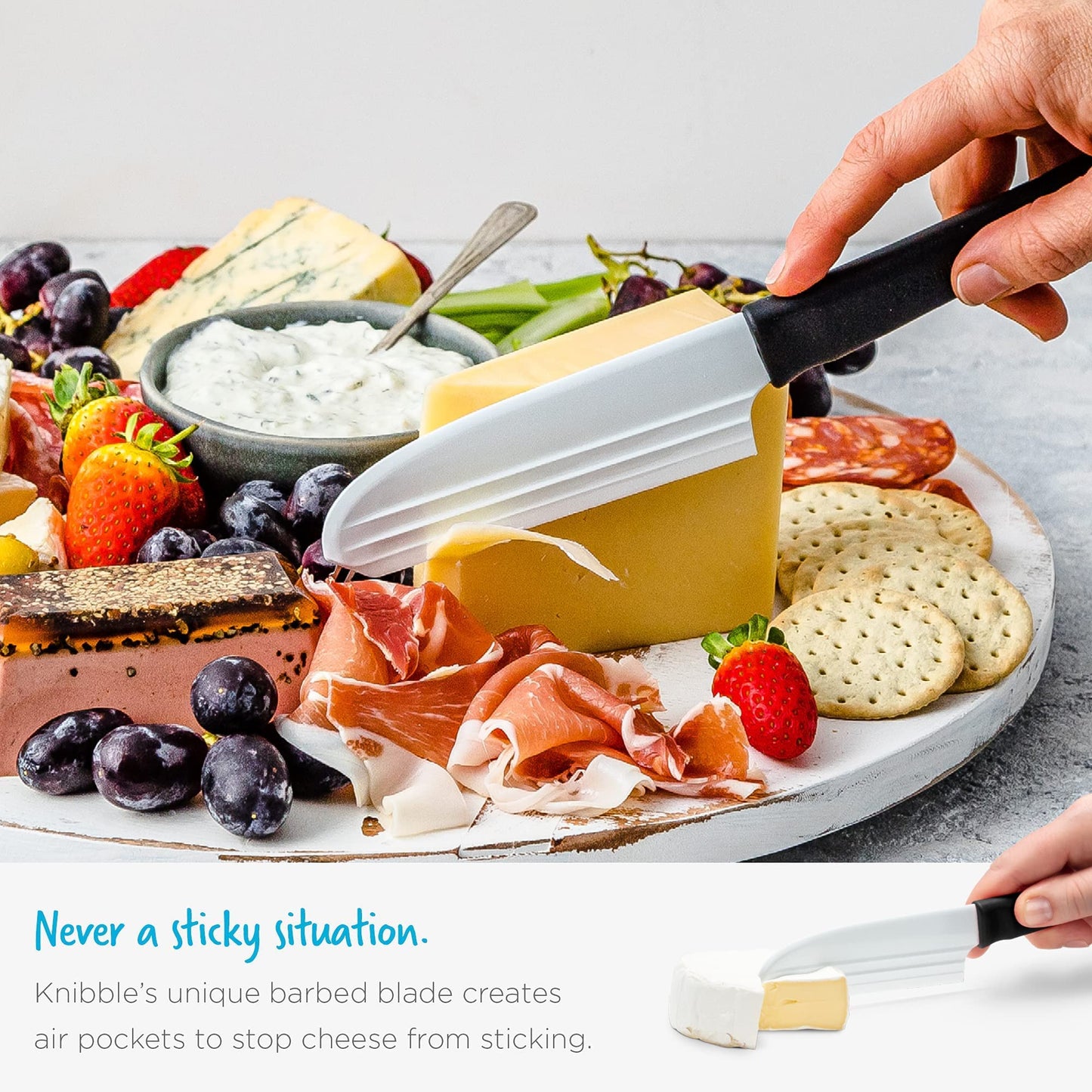 Dreamfarm Knibble Lite 3-In-1 Non-Stick Cheese Knife for Charcuterie, Slicing, Spreading, with Built-In Fork to Serve & Share Foods - 9" Red