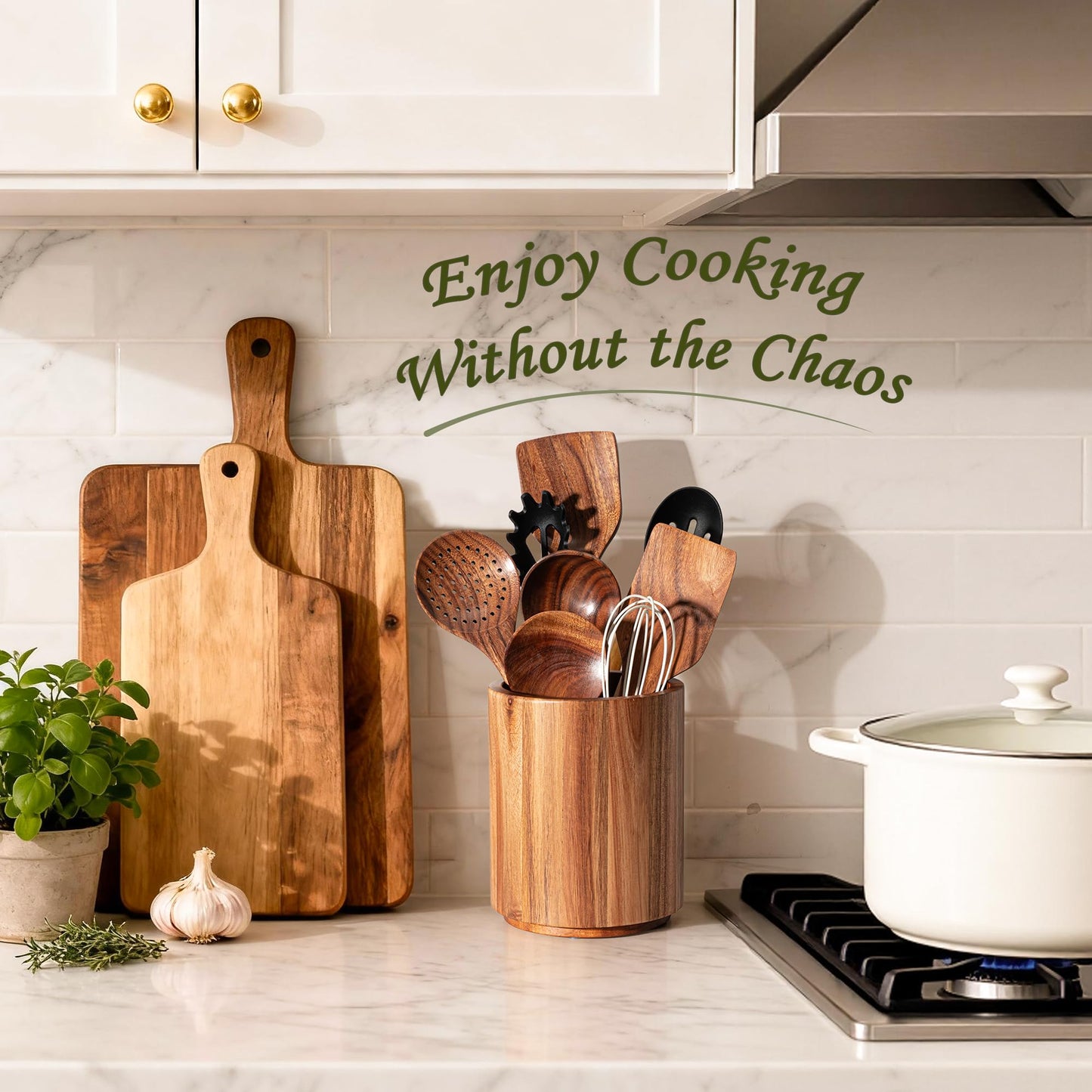 Criusia Utensil Holder 2 Pack, 360° Rotating Acacia Wood Cooking Utensil Crocks for Kitchen Counter, Farmhouse & Modern Decor, (2 Large)