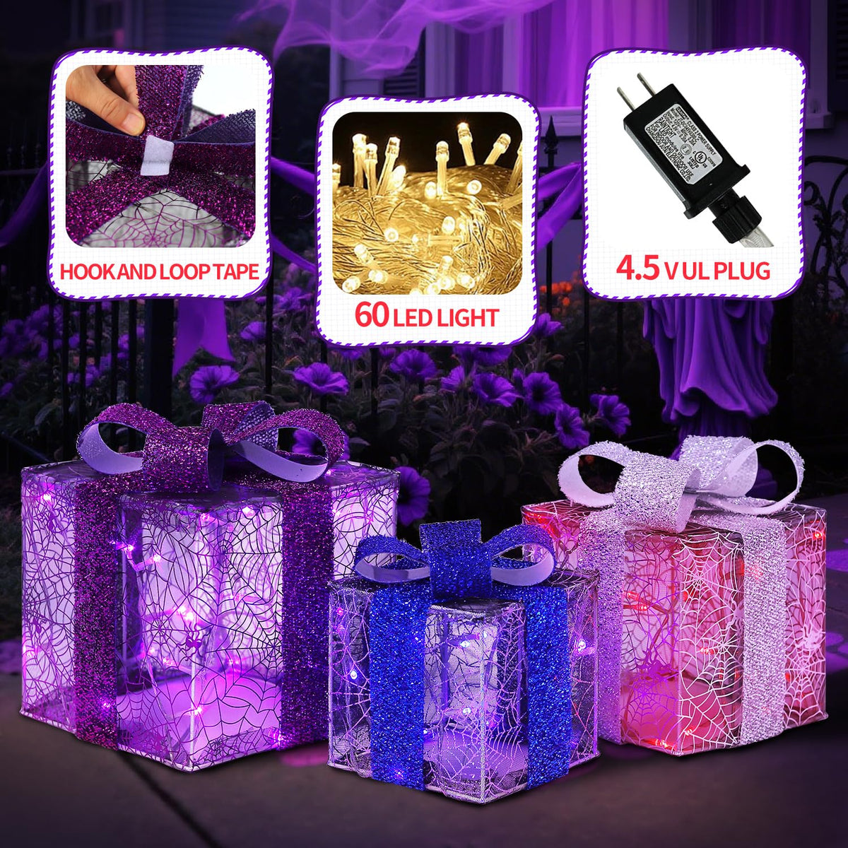 DomKom Set of 3 Halloween Christmas Lighted Gift Boxes Decorations, Plug-in 60 LEDs Metal Frame Present Box, Light Up Xmas Tree Skirt Ornament Decor for Yard Patio Lawn Party