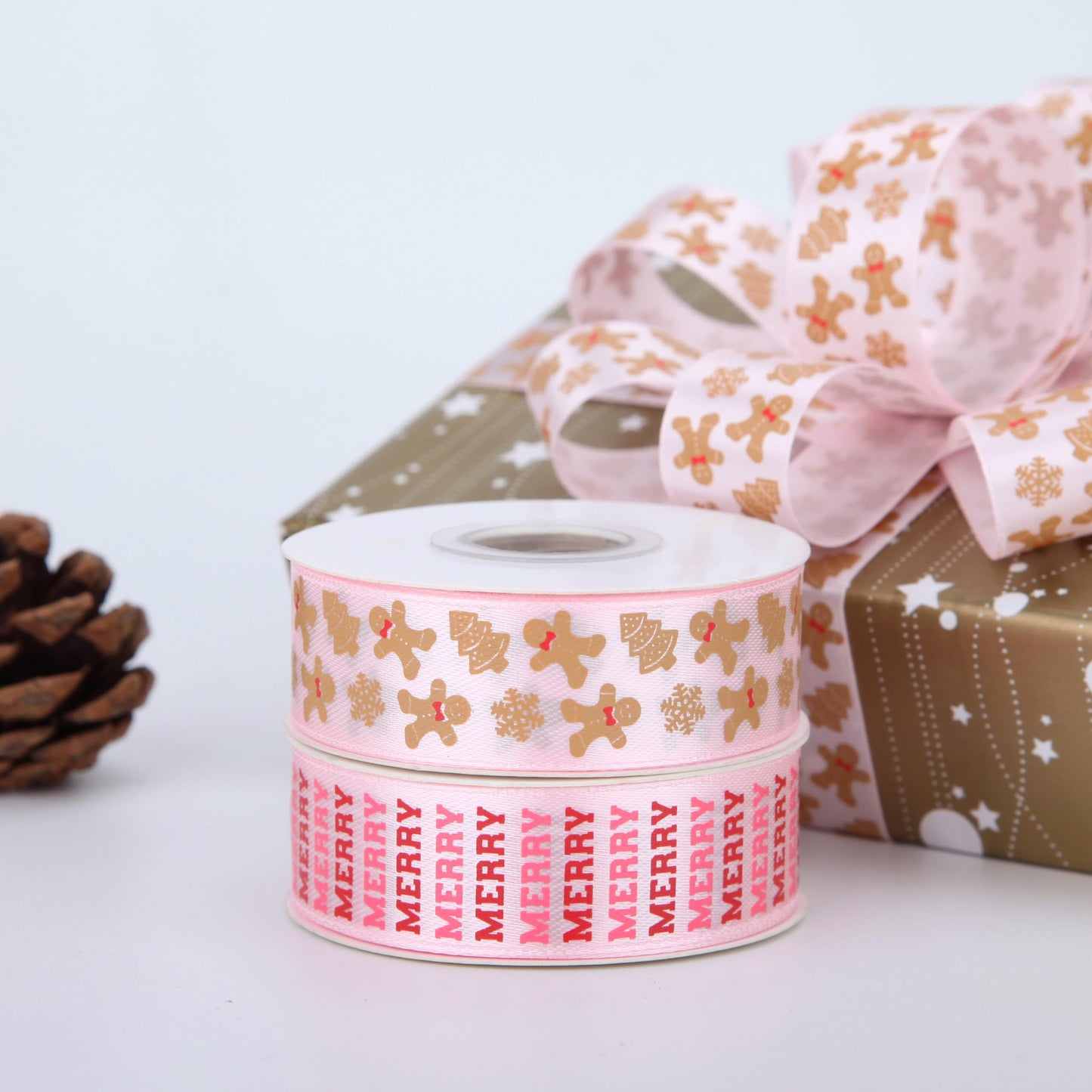 Meseey Gingerbread Ribbon 7/8 Inch 20 Yards Pink Merry Christmas Candy Cane Craft Ribbon for Gift Wrapping Wreath Bow DIY Crafts Supplies