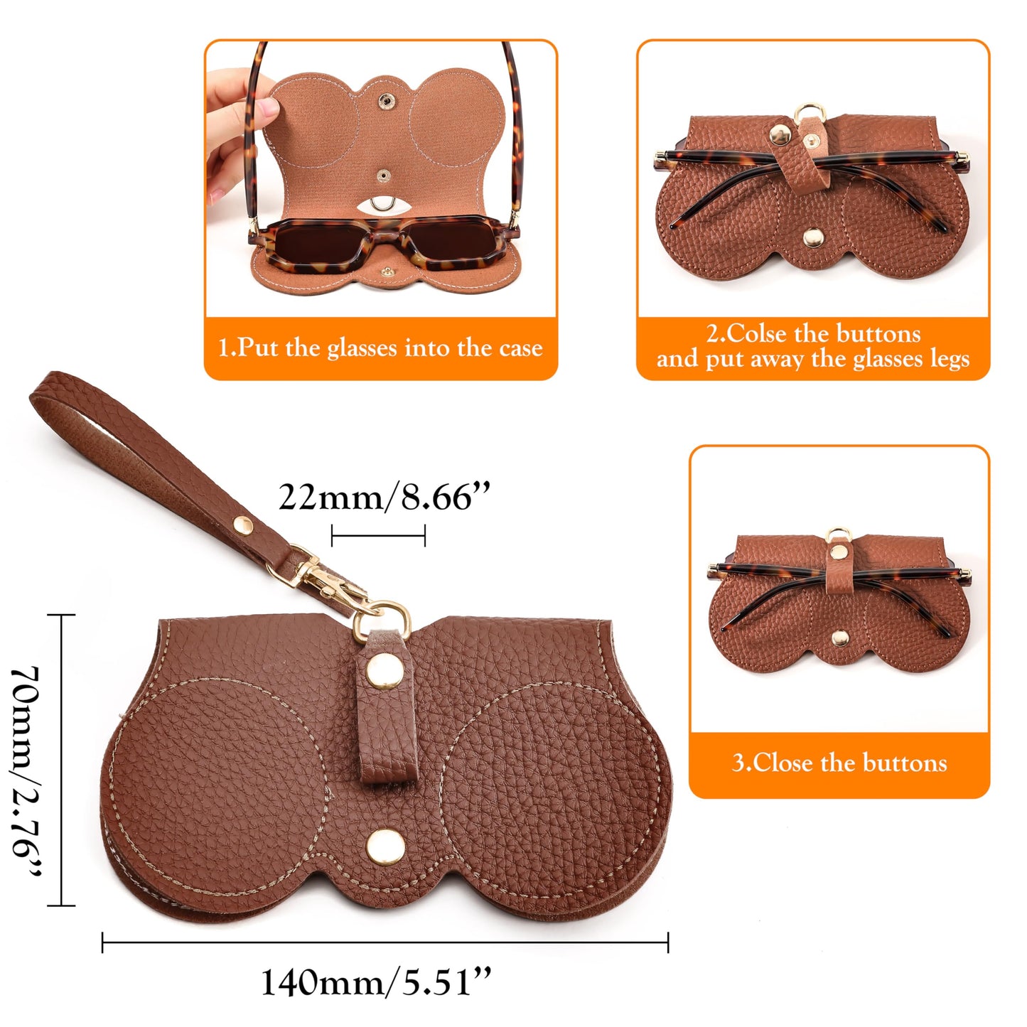 FEISEDY 2Pack Soft Leather Sunglass Bag, Holder Eyeglasses Case, Portable Glasses Pouch With Button Clip Wrist Strap B0049