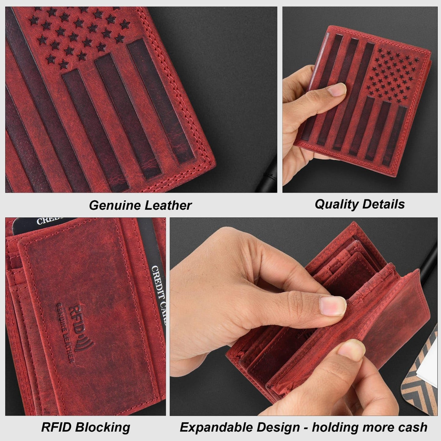 ASAD Genuine Leather Wallet for Men & Women | Compact & Spacious with 18 Card Slots, Expandable Currency Compartment & ID Window | Double-Stitched, RFID Blocking | Bordo Crazy Horse American Flag
