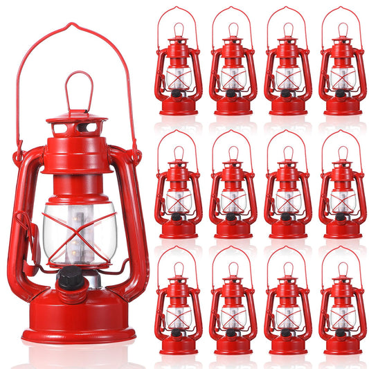 Hortsun 12 Pcs 8 Inch Vintage LED Hurricane Lantern Metal Red Outdoor Battery Operated Hanging Lantern with Warm LEDs and Dimmer Switch for Halloween Christmas Indoor Rustic Farmhouse Camping Decor
