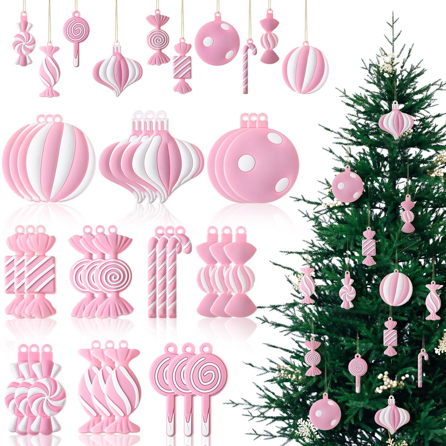 Panelee 20 Pcs Christmas Candy Tree Ornaments PVC Christmas Candy Cane Lollipop Ornament Xmas Hanging Decors Birthday Party Decoration Crafts for Holiday Xmas Tree Party (Pink and White)