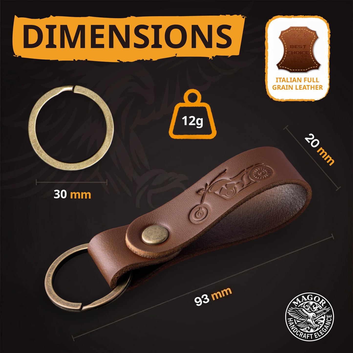 Full Grain Leather Keychain for Men and Women, Personalized Car Keychain, Matte Brown, Gift for Him Her Dad (Chopper Classic)