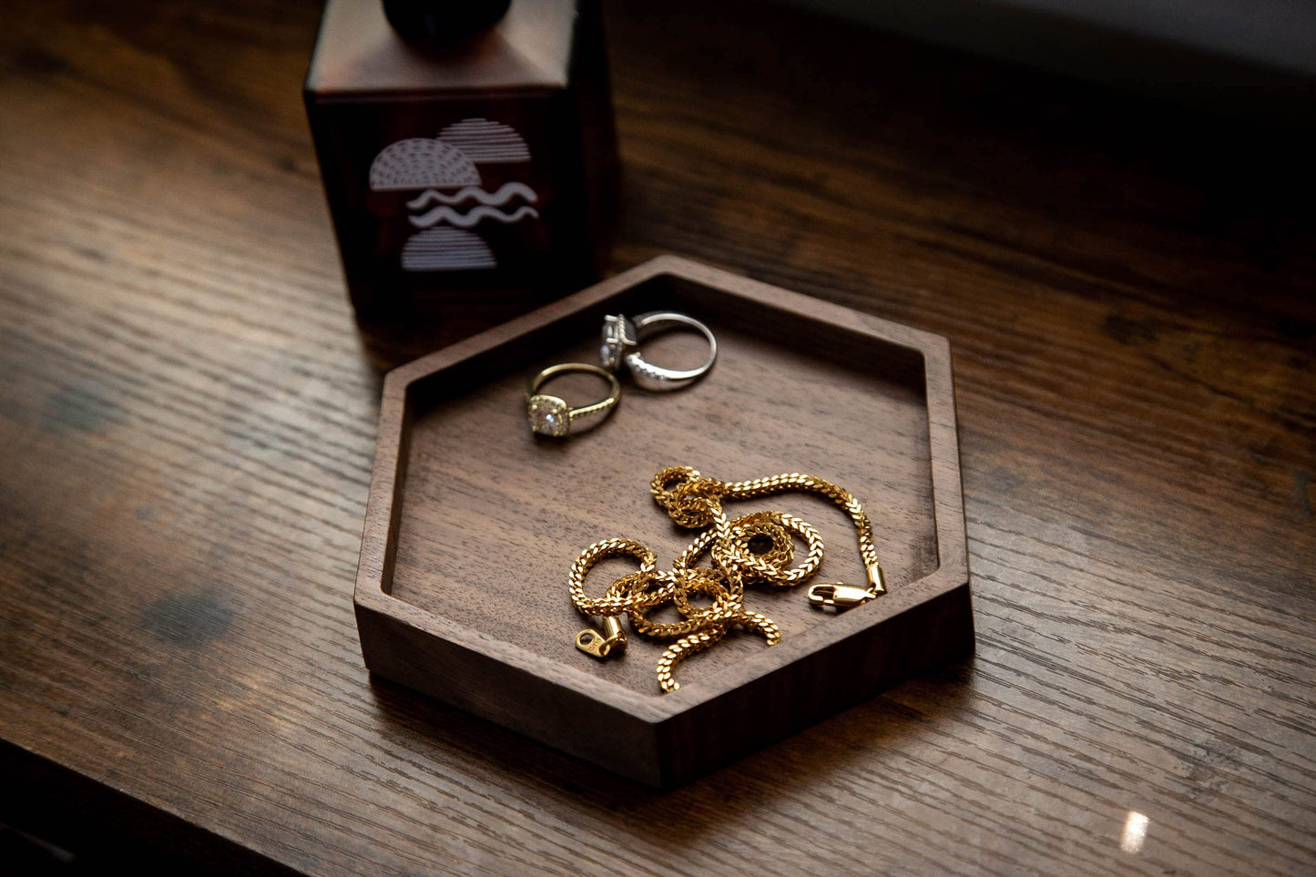 Hexagon Wood Ring Dish - Everyday Catchall Trinket EDC Tray for Men Women, Store Your Watches Cufflinks Rings Earrings Keys Coins, Father's Day for Husband Dad Son (Blank)