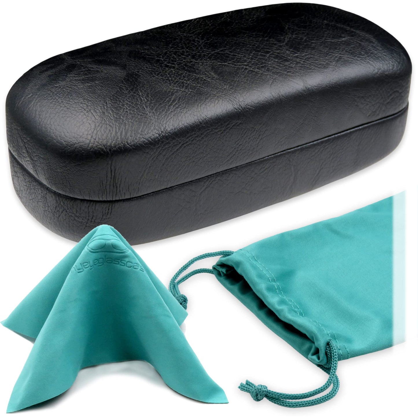 MyEyeglassCase EXTRA LARGE case for straight Rectangle in Distressed Leather-Like Glasses Case – Over size Sunglass Holder Hard Shell durable and safe – Includes Pouch & Cloth (AS505 Black/Teal)