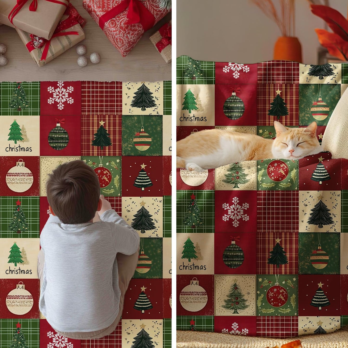 Horaldaily Christmas Flannel Blanket Throw, Red Green Checkered Tree Snow Ornaments Soft Fuzzy Plush Cozy Fleece Blankets for Couch Sofa Bed Lounging, Ideal Gifts for Kids Adults Wife Self, 50x60