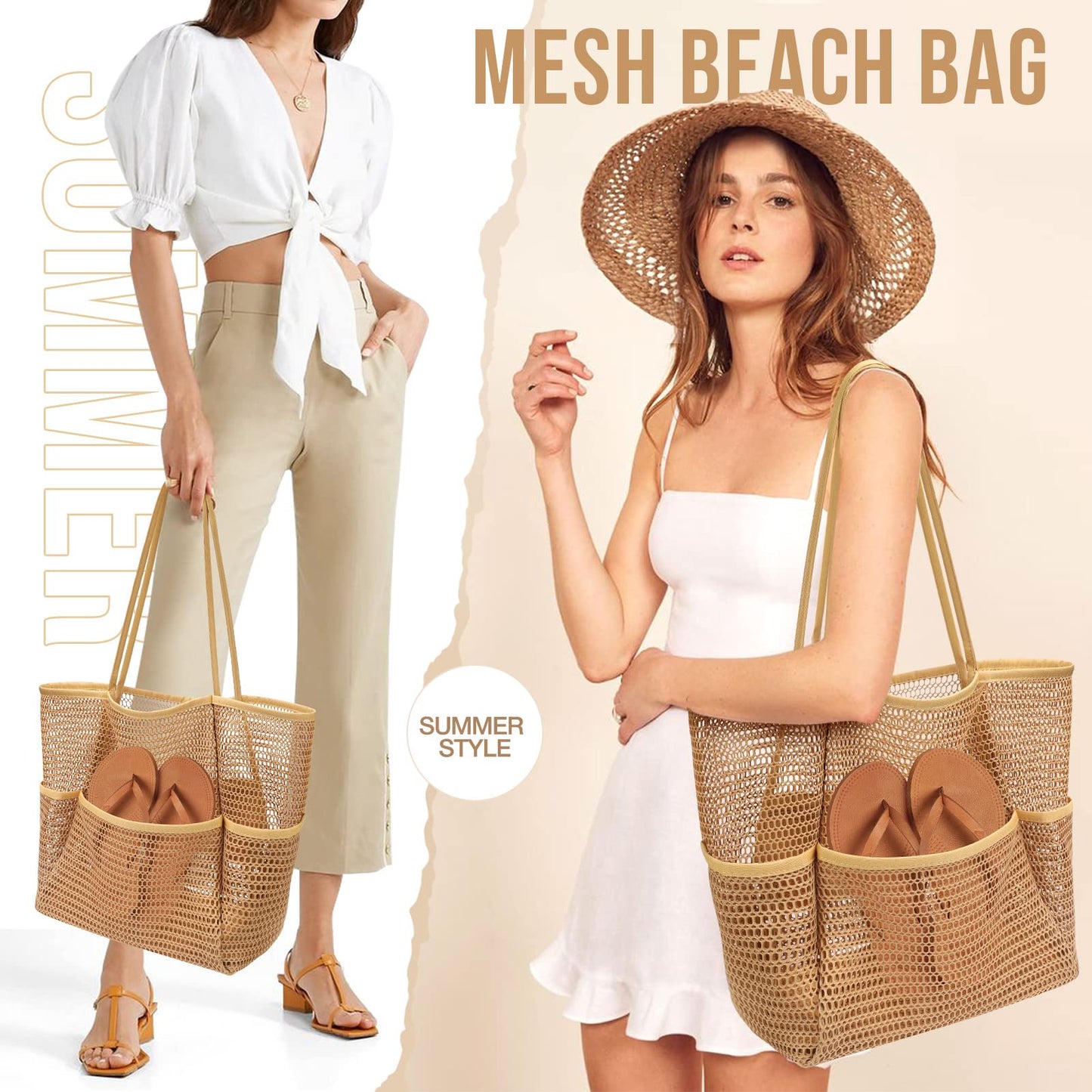 KPX Beach Bag with Mini Pocket, Summer Beach Tote Bags for Women Large Foldable Mesh Swimming Pool Travel Bags - Sandproof(Khaki)