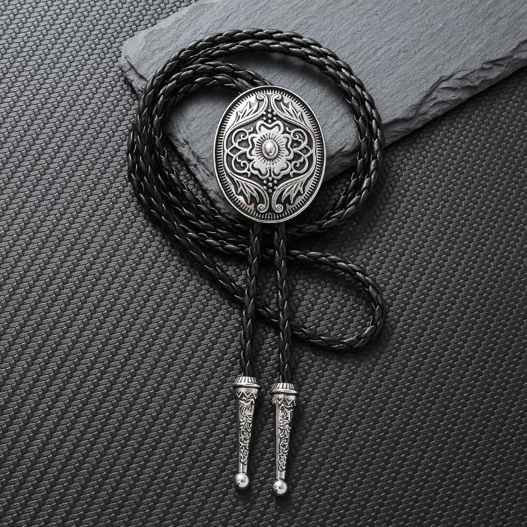 GelConnie Silver Bolo Tie for Men Women Mens Bolo Ties Western Wedding Vintage Style American Bolo Tie 3D Flower Design