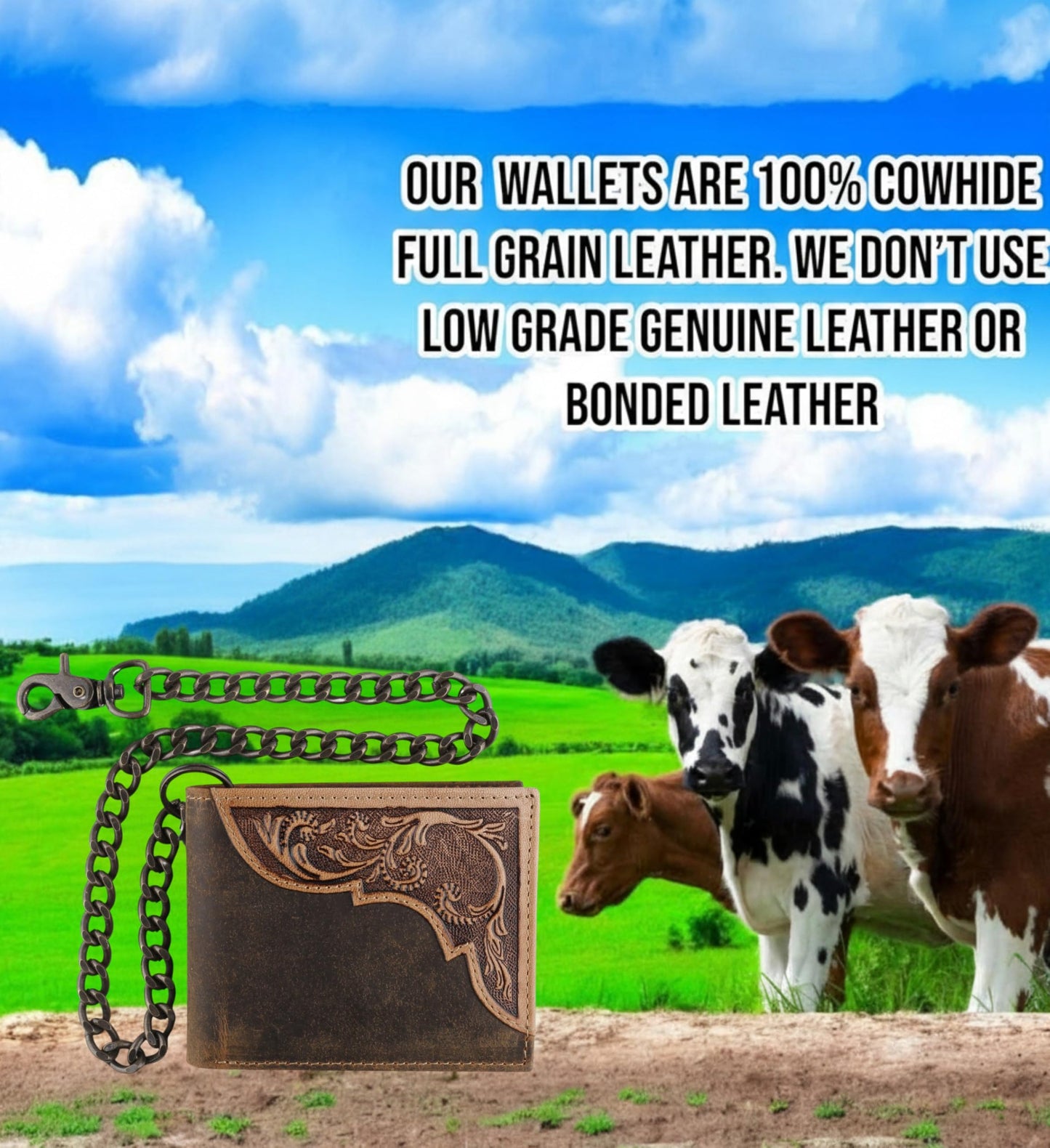 F&L CLASSIC RFID Blocking Mens bi-fold Style Cowhide Leather Steel Chain Wallet, brown western style,texas 83
