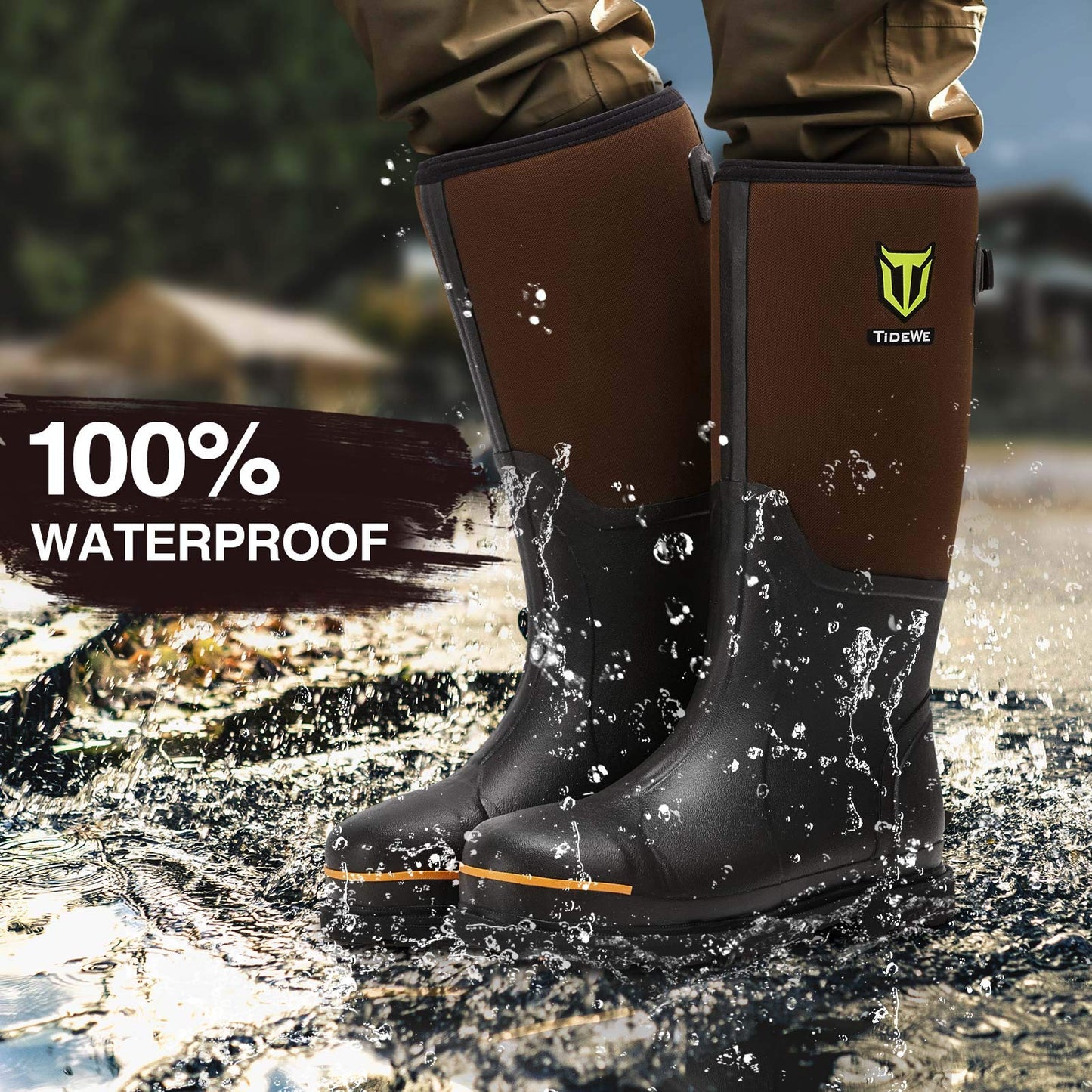 TIDEWE Rubber Work Boot for Men with Steel Toe & Shank, Waterproof Anti Slip Hunting Boot, 6mm Neoprene Hunting Boot for Manufacturing, Construction, Farming, Brown, Size 5