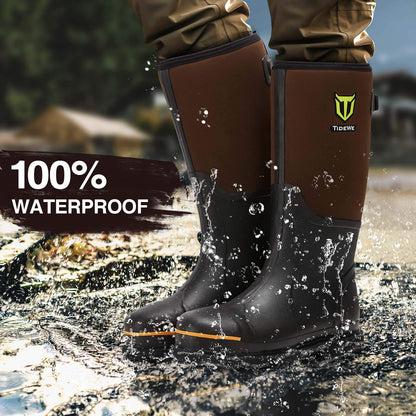TIDEWE Rubber Work Boot for Men with Steel Toe & Shank, Waterproof Anti Slip Hunting Boot, 6mm Neoprene Hunting Boot for Manufacturing, Construction, Farming, Brown, Size 5