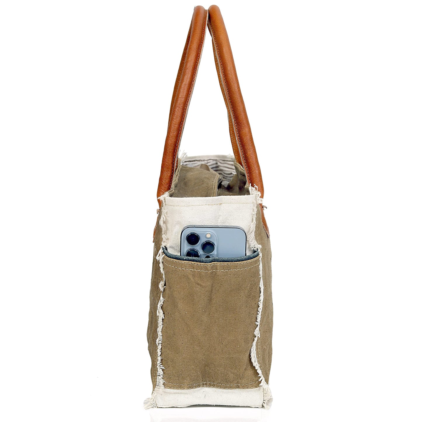 Sel de Mer Canvas Tote Bag for Women with Leather Handles, Shoulder Bag, Casual Everyday Purse, Beach, Travel, Shopping Bag (Khaki, 13 x 10 Inch)