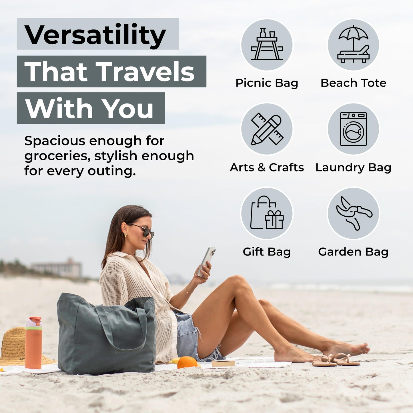 VeraMia Canvas Grocery Bag 3pc Jumbo Set with Real Pockets, Long Shoulder Strap and Short Handle. Reusable Shopping Bags for Groceries Heavy Duty, Foldable, Washable, Grocery Tote Bag (Caribbean Blue)